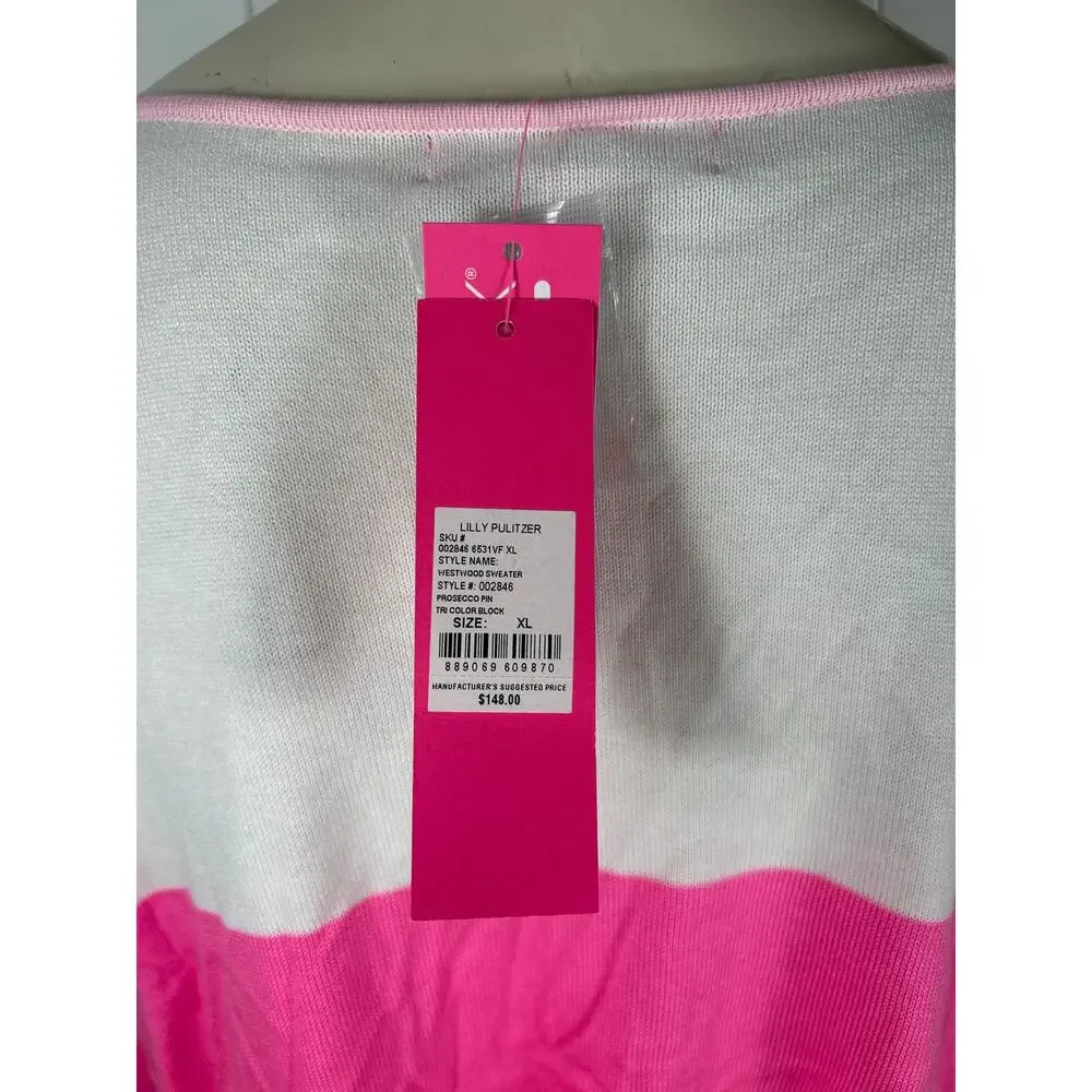 Lilly Pulitzer NWT Women's Westwood TricolorCoolmax Sweater Pink/White Size XL